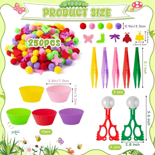 EZdhuawuse Letters Numbers Sensory Bin Fillers - 240Pcs Summer Alphanumeric Fine Motor Skills Toys Color Counting Sorting Set for Kids, Felt Letter Pom Poms Cup Clip for Preschool Education Activities