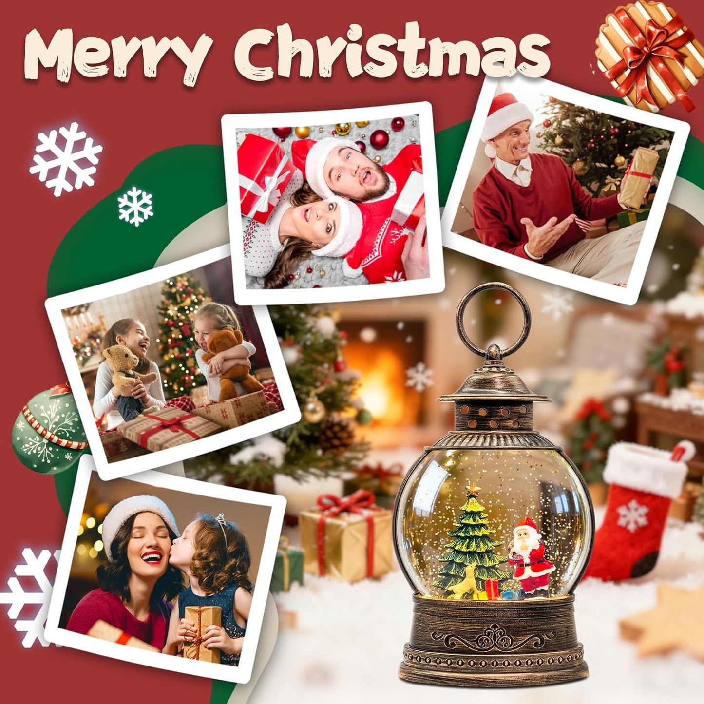 Christmas Snow Globes Lantern, Church and Christmas Tree Christmas Decorations Indoor, 6H Timer Battery & USB Powered Light Up Musical Snow Globes for Kids Women Adults Gift Thanksgiving Home Decor