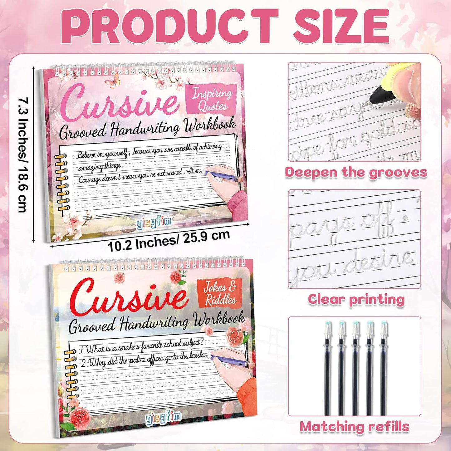gisgfim 2 Pack Grooved Cursive Handwriting Workbook Magic Grooved Cursive Reusable Handwriting Practice with Disappearing Ink Pens Learning Activities Supplies (Jokes Riddles&Inspiring Quotes)