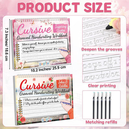 gisgfim 2 Pack Grooved Cursive Handwriting Workbook Magic Grooved Cursive Reusable Handwriting Practice with Disappearing Ink Pens Learning Activities Supplies (Jokes Riddles&Inspiring Quotes)