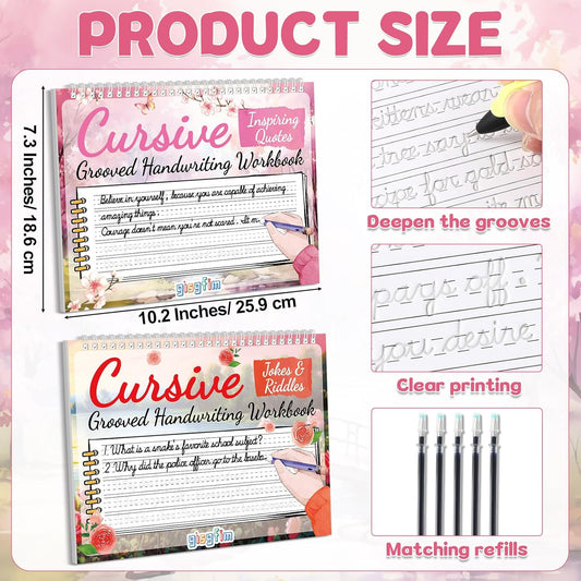 gisgfim 2 Pack Grooved Cursive Handwriting Workbook Magic Grooved Cursive Reusable Handwriting Practice with Disappearing Ink Pens Learning Activities Supplies (Jokes Riddles&Inspiring Quotes)