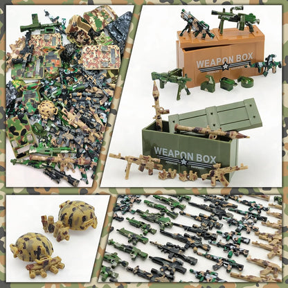 Military Minifigure Camouflage Accessories Set with Weapon Boxes, Army Weapons Guns Helmets E.O.D Suits Shields Tactical Gear Building Blocks Soldiers Kit for Kids Compatible with Major Brands