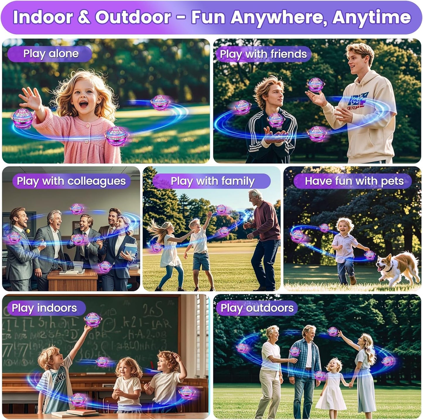 Flying Orb Ball Toy, 2026 Upgrade Hand Controlled Hover Ball with LED Lights,360° Rotating Boomerang Globe Cool Mini Drone, Ideal Birthday&Christmas Gift for Boys Girls-Blue & Purple