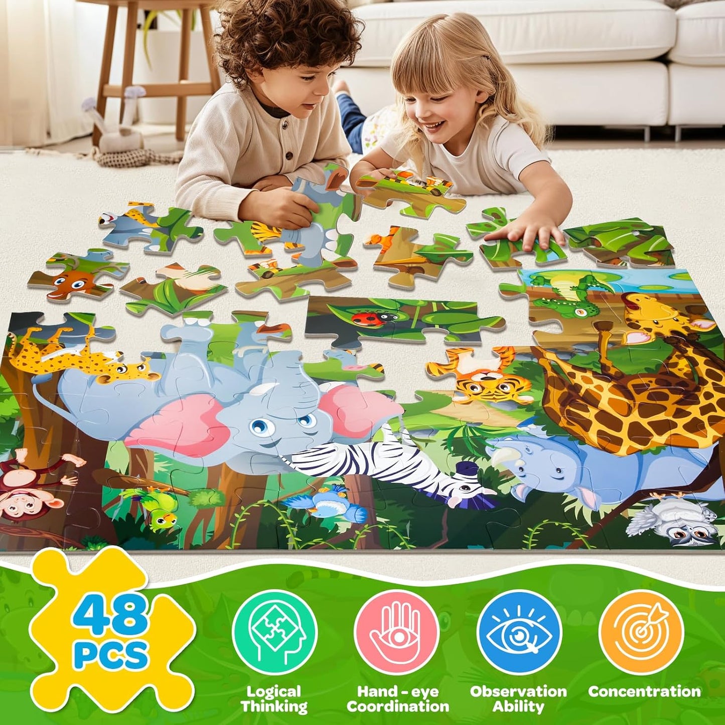 Jumbo Floor Puzzle for Kids Ages 4-6, 48 Piece Large Engineering Vehicles Jigsaw Puzzle, Extra-Thick Cardboard Preschool Learning Toys for Toddlers 3-5, Educational Gift for Boys Girls 3 4 5 6 7 8