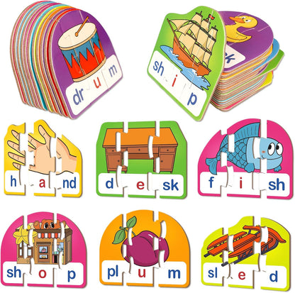 Kasfalci CVCC & CCVC Puzzle Cards for Kids - Word & Phonics Games, Speech Therapy Toys for Toddlers, 4 Alphabet Letter Word Puzzles, Learning Spelling Games