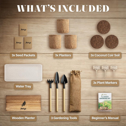AVERGO Wildflower Seed Mix Growing Kit - Includes Perennial & Annual Wild Flowers, Burlap Planters, Soil, Wooden Box, and Gardening Tools for Indoor Garden and Patio Planting