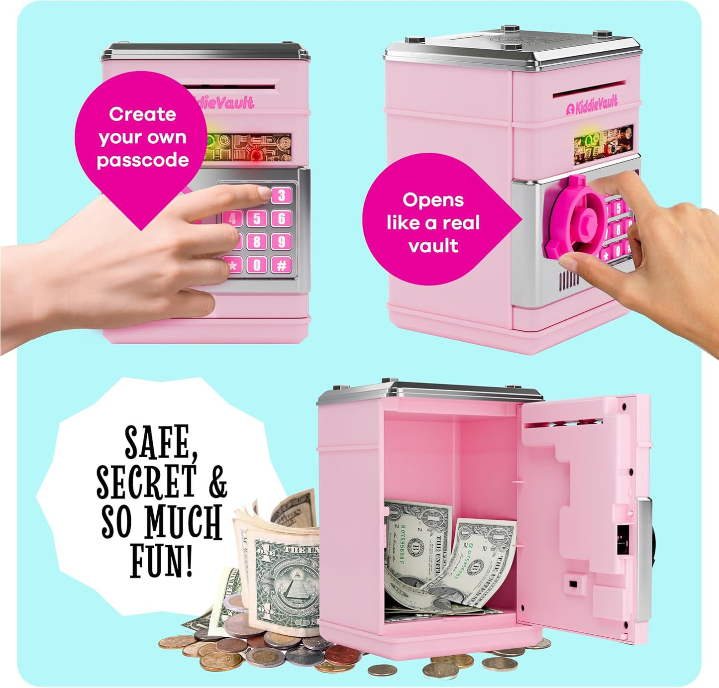 Piggy Bank for Kids - Electronic Money Saving Box w/Code- ATM Safe - Toy Coin Bank - Toys for Girls Age 3, 4, 5, 6, 7 - Birthday Gifts for 8, 9, 10, 11, 12 Year Old Girl (Pink & Silver)