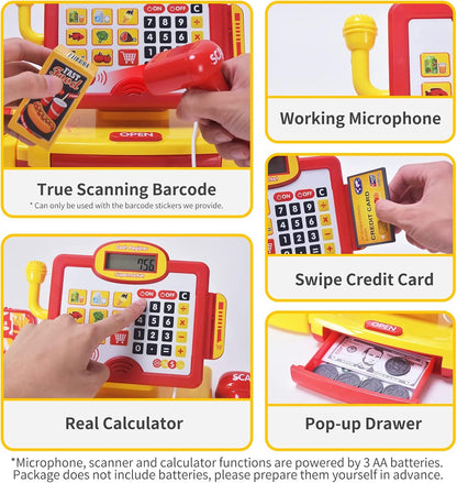 FS Pretend Play Cash Register Toy Preschool Gift for Kids, Classic Count Toy with Sound, Microphone, Scanner, Credit Card, Play Food for Boys & Girls, 57 Pieces Play Set, Ages 3 4 5 6 7, Purple