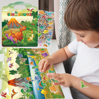 2 Set Reusable Sticker Books for Toddlers 2-4 Years, Puffy Reusable Sticker Activity Book for Kids Toddlers 1-3 Girls Boys Birthday Gifts Include Vehicles&Dinosaur