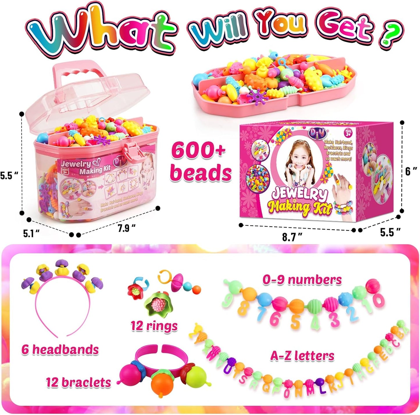 FUNZBO 520+ Snap Pop Beads - Jewelry Making Beads Charms Style Craft Kit, Arts and Crafts for Kids Ages 4-8, Toys for 3 4 5 6 7 Years Old Girls Birthday Gifts Ideas, Bracelet Necklace Ring for Girls