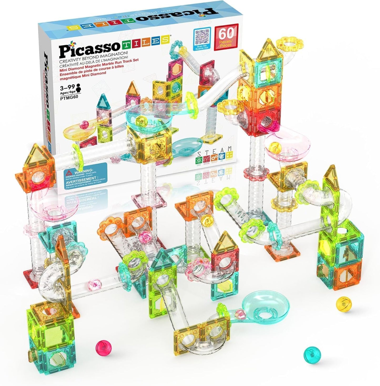 PicassoTiles Marble Run 60 Piece Race Track Magnetic Tiles Magnet Building Block Educational Construction Toy Set Playset STEM Learning Kit Child Brain Development HandEye Coordination Training PTG60