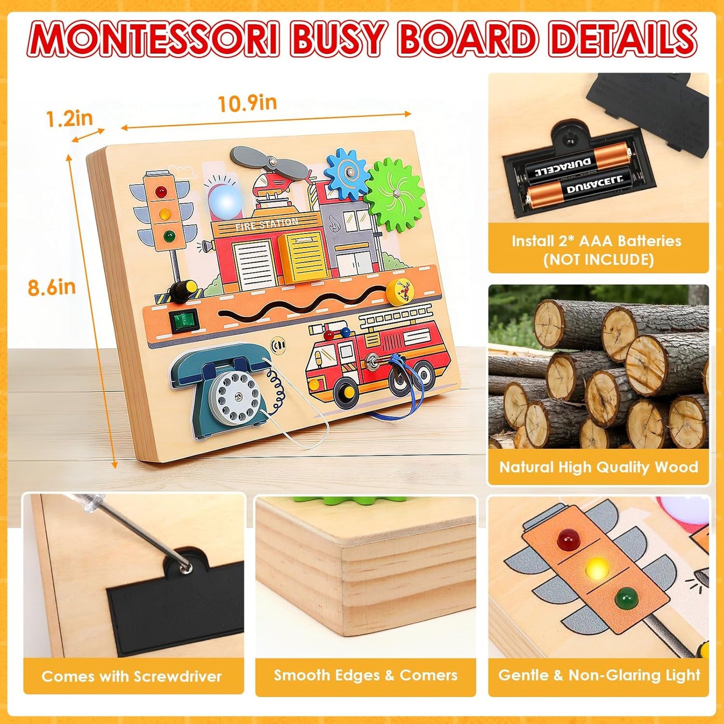 Wdmiya Montessori Busy Board for Toddlers 2-4, Fire Truck Activity Board with LED Lights & Sounds, Wooden Sensory Learning Toy with Rotary Phone, Helicopter & Gears, for 2 3 4 Year Old Boys Girls Gift