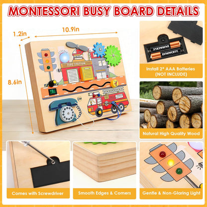 Wdmiya Montessori Busy Board for Toddlers 2-4, Fire Truck Activity Board with LED Lights & Sounds, Wooden Sensory Learning Toy with Rotary Phone, Helicopter & Gears, for 2 3 4 Year Old Boys Girls Gift