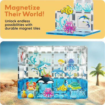 PicassoTiles Magnet Tiles Magnetic Building Blocks Aquarium Marine Animal Theme Set with 8 Character Action Figures Shark Crab Turtle STEM Toys Construction Preschool Toddlers Kids Boys Girls 3+ PTQ15