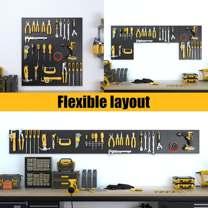 Spampur Peg Board, 4 Pack Metal Pegboard Panels with 50 Hooks, Black Pegboards Wall Organizer, Heavy Duty Peg Board for Walls Home, Garage Tool Storage, Office Organization, Craft Room, Kitchen