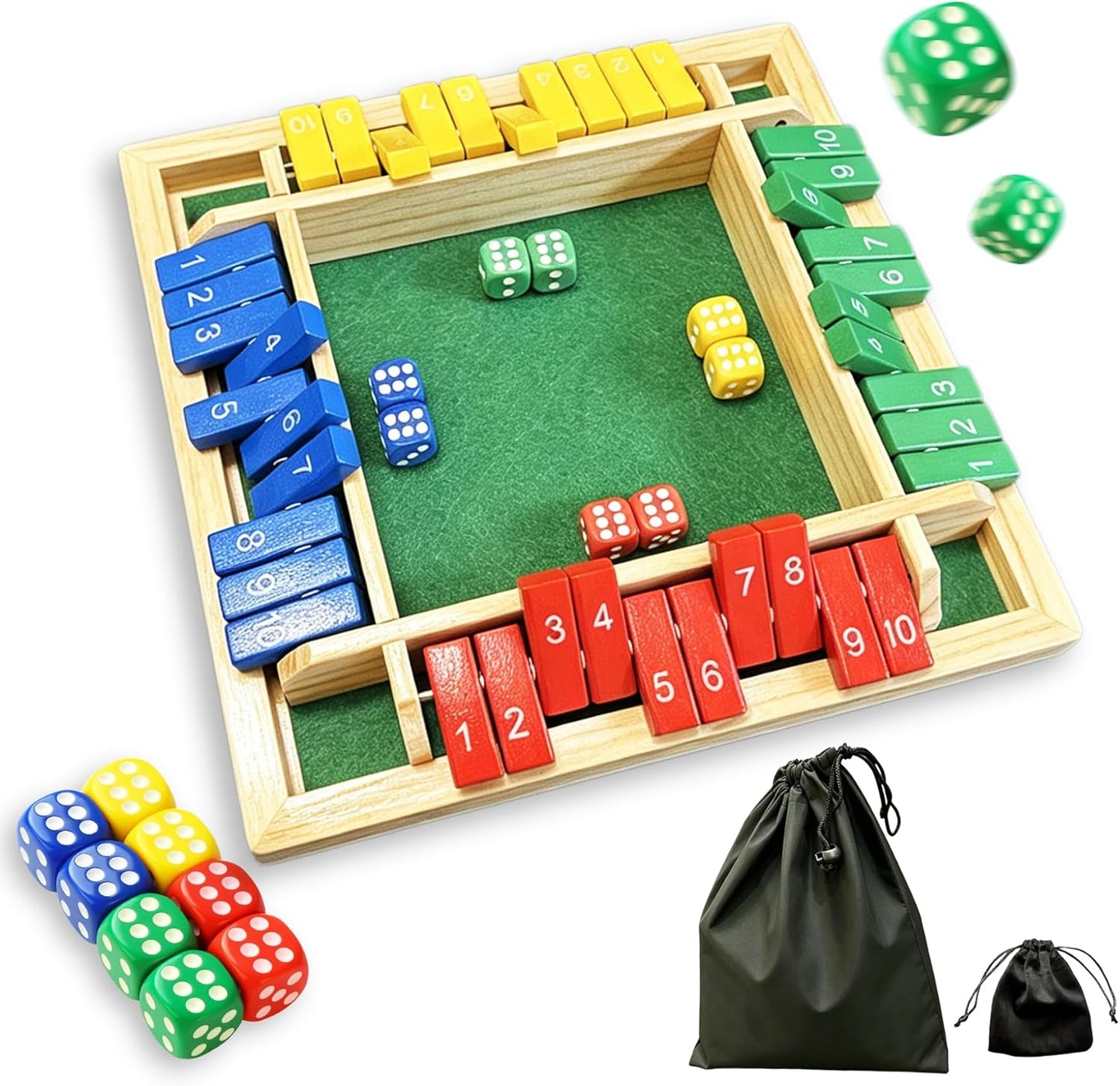 Shut The Box Dice Game for 2-4 Players, Wooden Board Tabletop Math and Strategy Game with 8 Dice and Velvet Storage Bag, Classic Family Board Game for Home, Party or Pub, Brown
