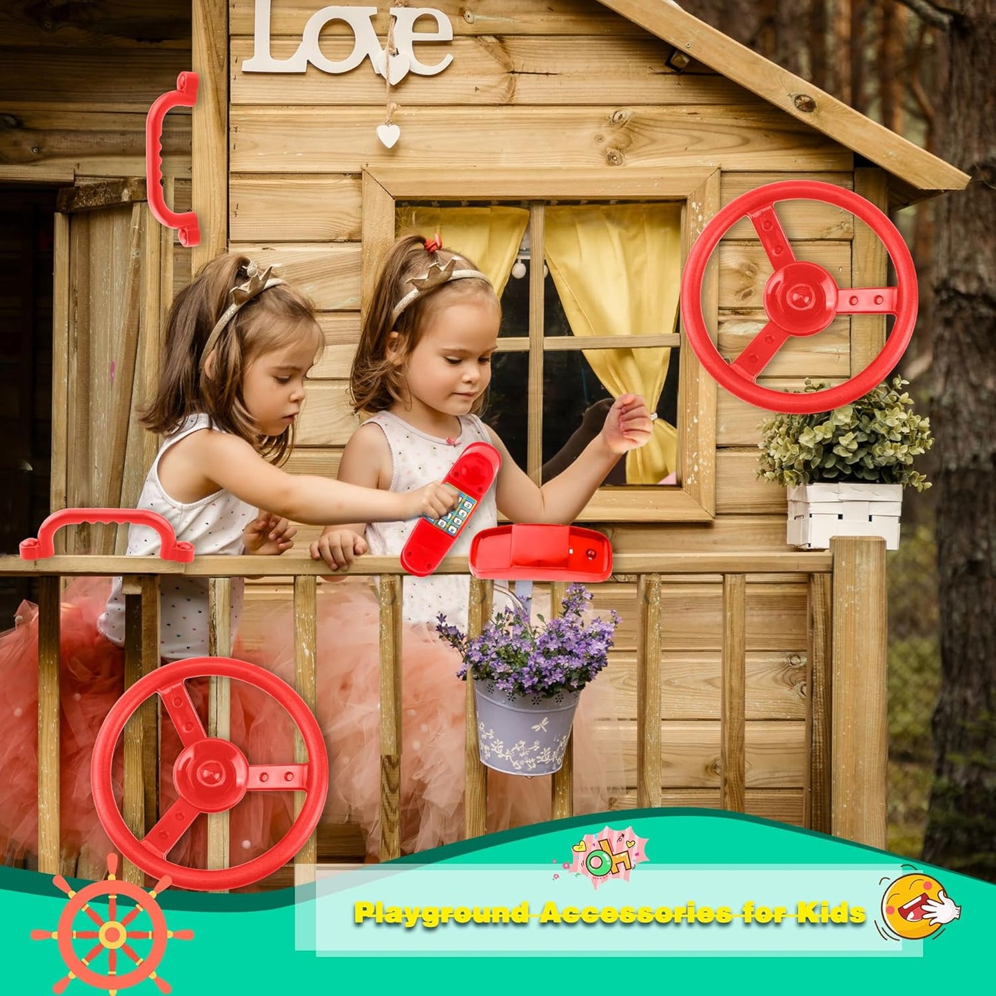 Playground Accessories Swingset Plastic Pirate Ship Steering Wheel Safety Handles Telescope for Kids Outdoor Playground Treehouse Jungle Gym Accessories (4 Pcs- Green,Yellow Set)