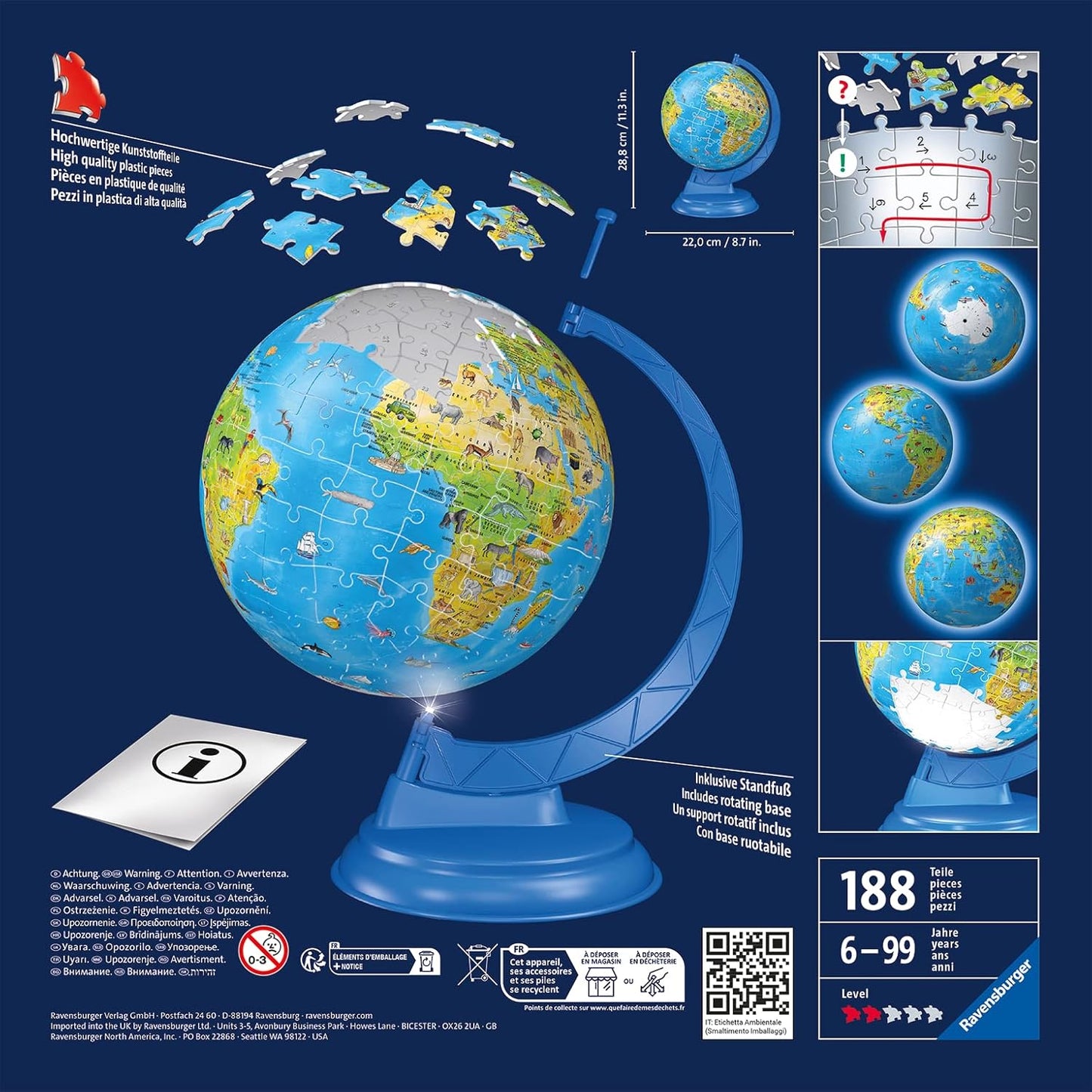 Ravensburger Children’s Globe Night Edition 3D Jigsaw Puzzle - 180 Piece Set | Features LED Light | Interactive and Educational Toy | Ideal for Kids and Adults | Model 11288