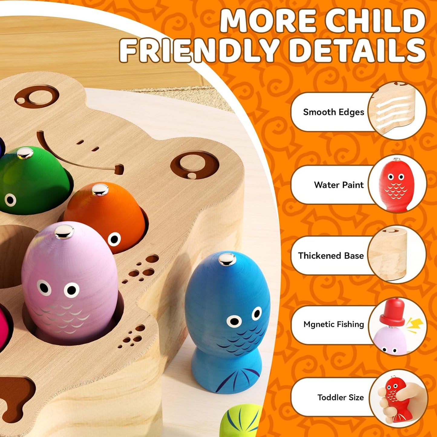 Wooden Magnetic Fishing Game for Toddlers 1-3, Montessori Sensory Busy Board Fine Motor Skills Toys for 1 2 3 Years Old Boys Girls (Frog B-Fish Game)