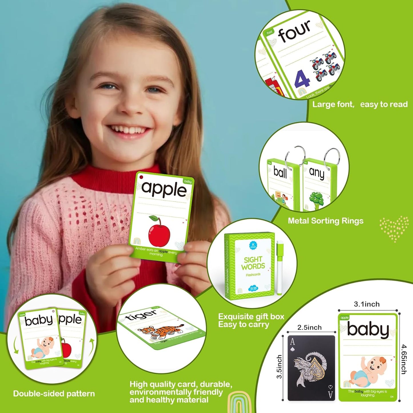 WJPC 55 Cards, 106PCS High Frequency First-Grade Sight Words Flash Cards, 1st Grade Phonics Learning Cards for 5,6,7,8 Years Ages Kids Boys, Girls Learn to Read, Write, Association, Sentence Making