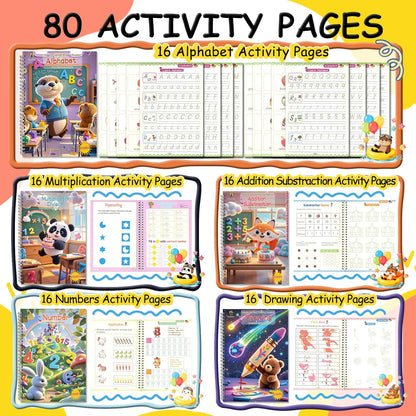 PIRIE 5 Pack Reusable Magic Grooved Handwriting Workbooks with 3D Patterns, Pens, Gripper & 10 Pen Refills, for Kids 3 - 8, Colorful Illustrations, Covering Alphabet, Math & Drawing, Boosting Fine Motor & Cognitive Skills