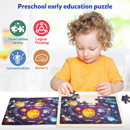 SYNARRY Large US World Earth Solar System Wooden Puzzles for Kids Gift Box(12.2 * 9.4 in), Puzzles for Toddlers 3-5, Wood Puzzles for Kids Ages 4-6, Easter Basket Stuffers Gifts for Kids