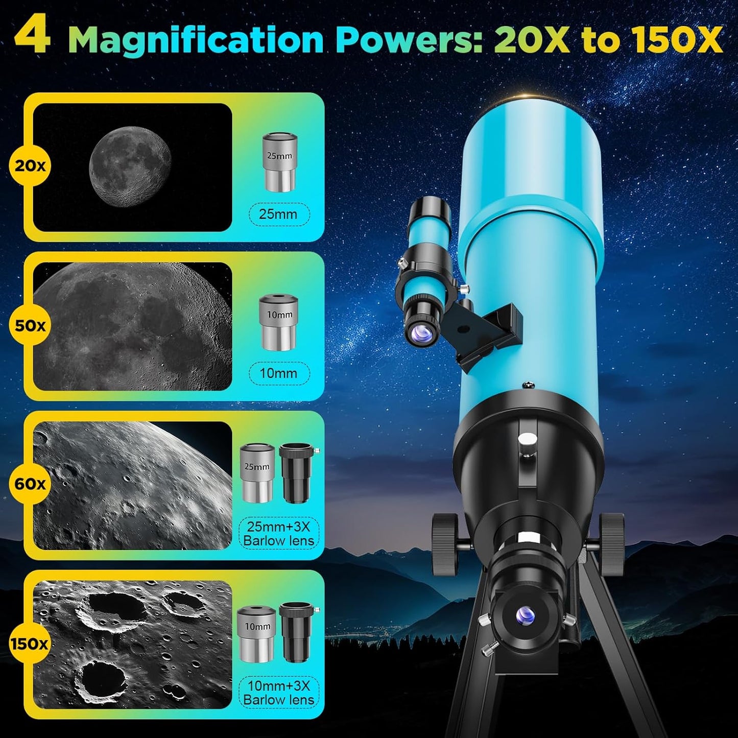 90mm Refractor Telescope for Adults & Kids 8+: 150X High Power, 500mm Focal Length, Professional Astronomical Scope with 133cm Tripod for Stargazing, Xmas Toy Gift for Beginners Boy Girls