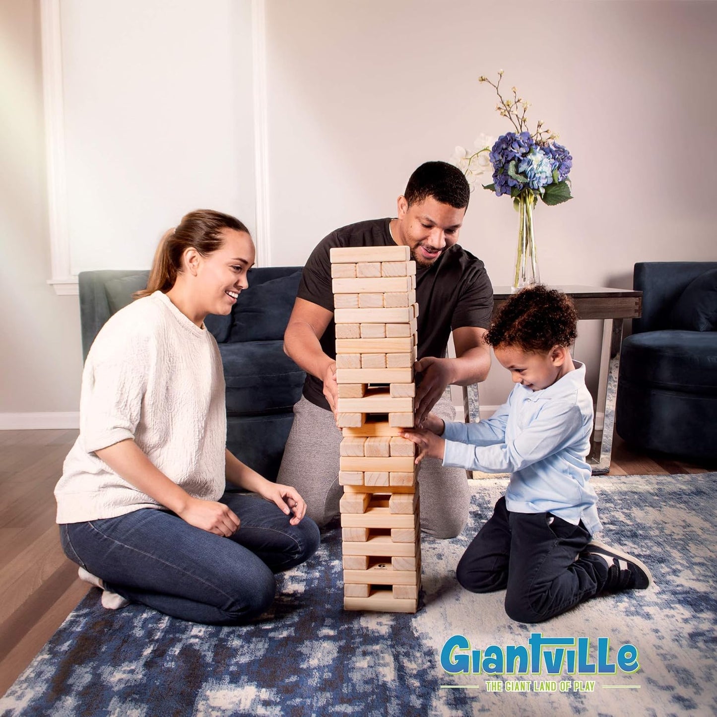 Giantville Giant Tumbling Timber Toy - STEAM-Credited Premium Pine Wood Blocks Tower - Indoor/Outdoor Yard Game for Kids & Adults - 56 Pieces + Carry Bag - Grows to Over 4 Feet