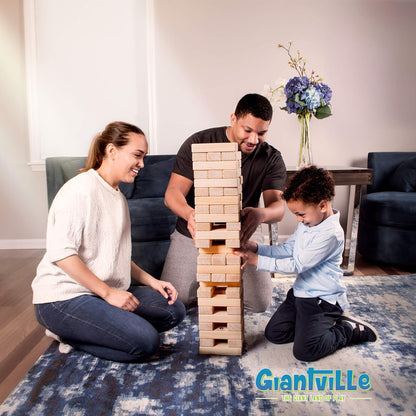 Giantville Giant Tumbling Timber Toy - STEAM-Credited Premium Pine Wood Blocks Tower - Indoor/Outdoor Yard Game for Kids & Adults - 56 Pieces + Carry Bag - Grows to Over 4 Feet