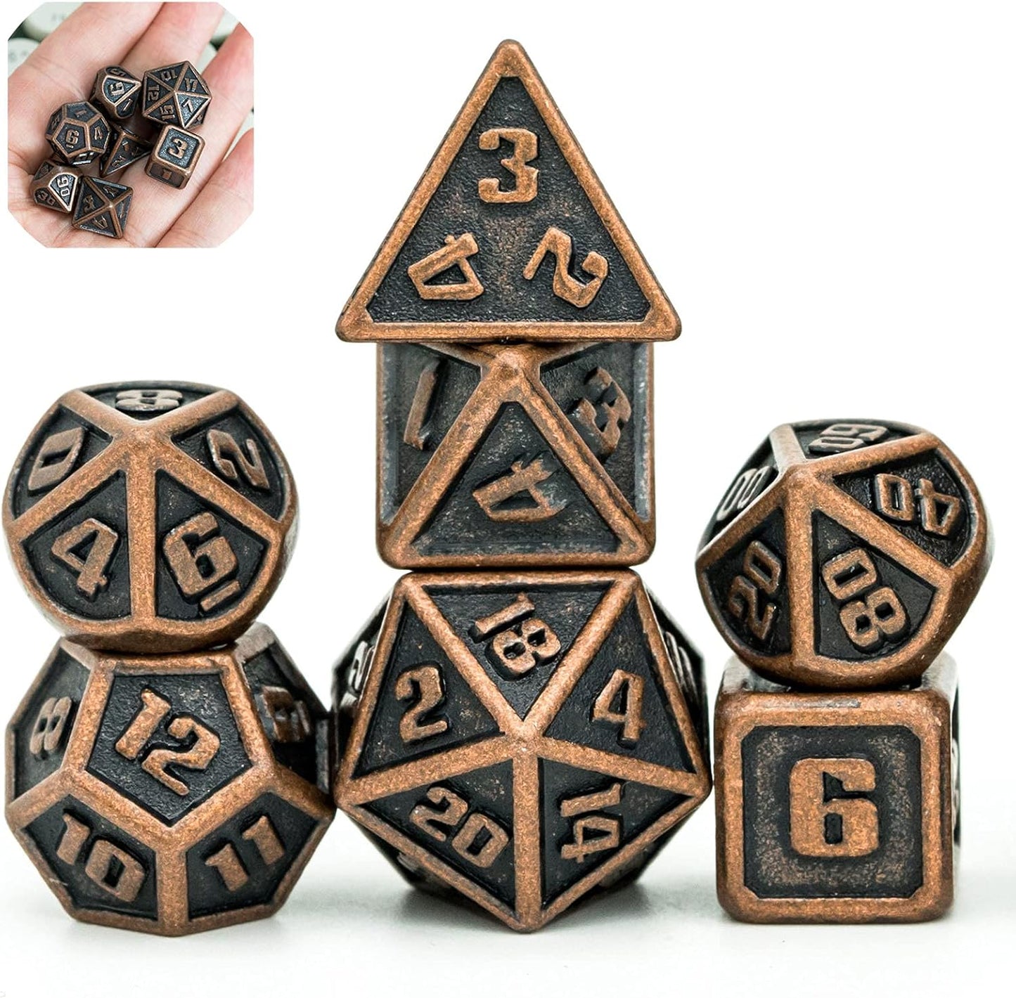 UDIXI Steampunk Metal Dice Set, 7 Die Polyhedral DND Dice Set for D&D Role Playing Game and Math Teaching (Ancient Copper)