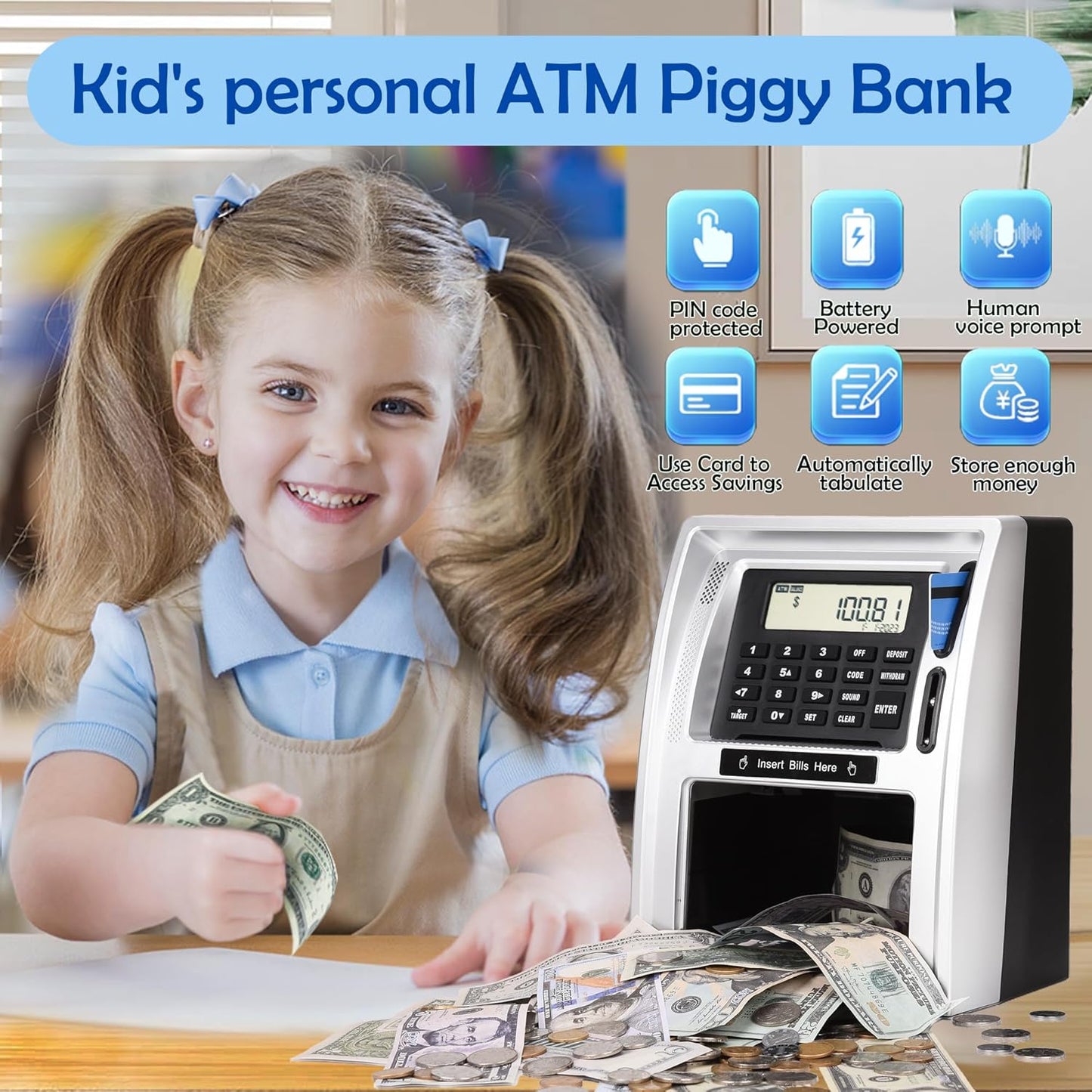 BKstar Kids Talking ATM Piggy Bank for Real Money with Dual Debit Cards, Power-Off Memory, Auto-Opening Drawer, Onekey Shutdown, Bill Feeder, Coin Recognition, Balance Calculator Machine