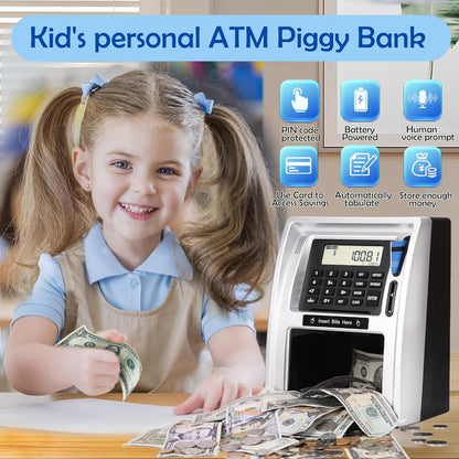 BKstar Kids Talking ATM Piggy Bank for Real Money with Dual Debit Cards, Power-Off Memory, Auto-Opening Drawer, Onekey Shutdown, Bill Feeder, Coin Recognition, Balance Calculator Machine
