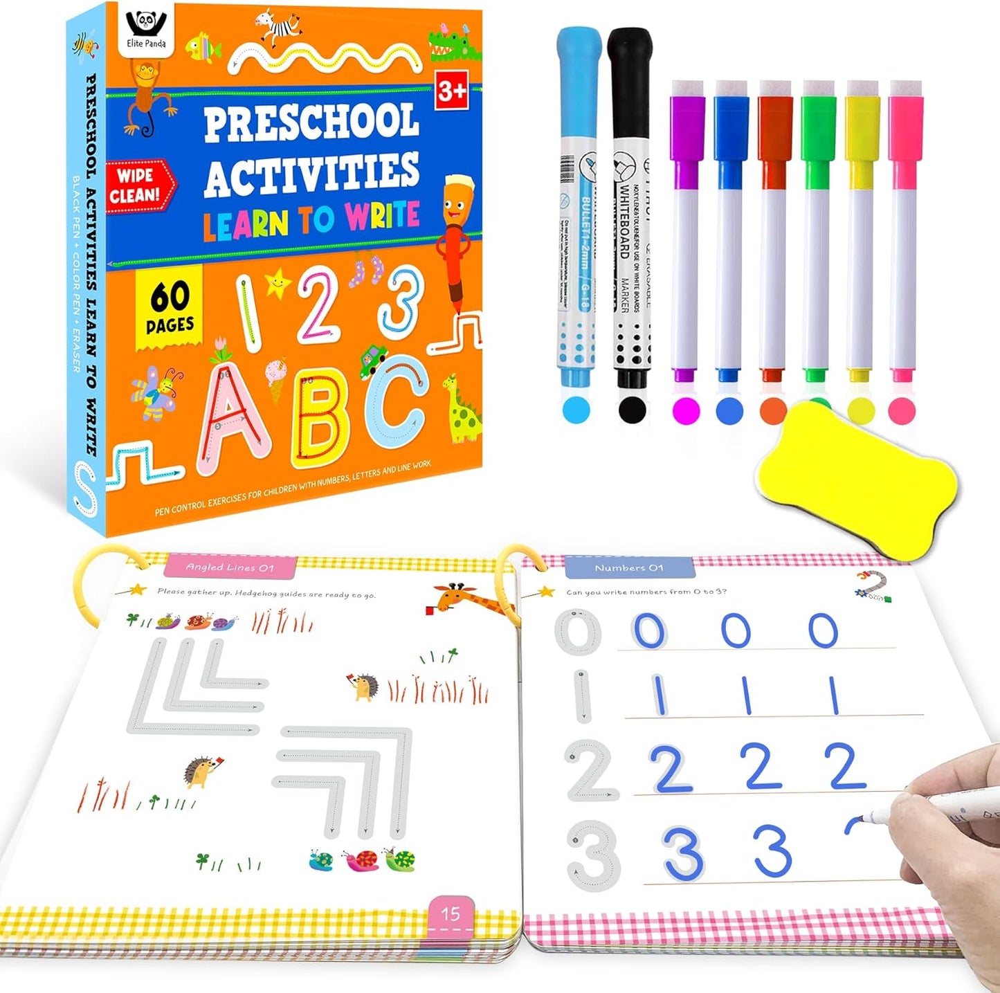 ElitePanda Preschool Learning Activities – 30 Dry Erase Cards (60 Pages), Handwriting Practice & Fine Motor Skills, Letter and Number Tracing for Kids, Learning Toys for Ages 3–5