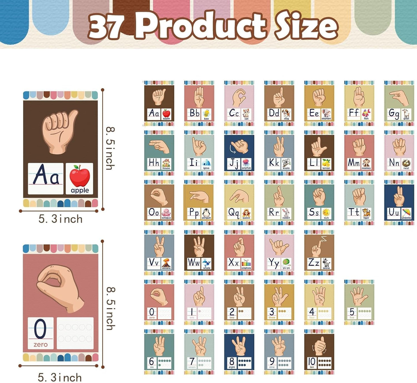Bohemia 37 Children's Sign Language Poster Alphabet Set - Toddler ASL Poster for Classroom Decoration