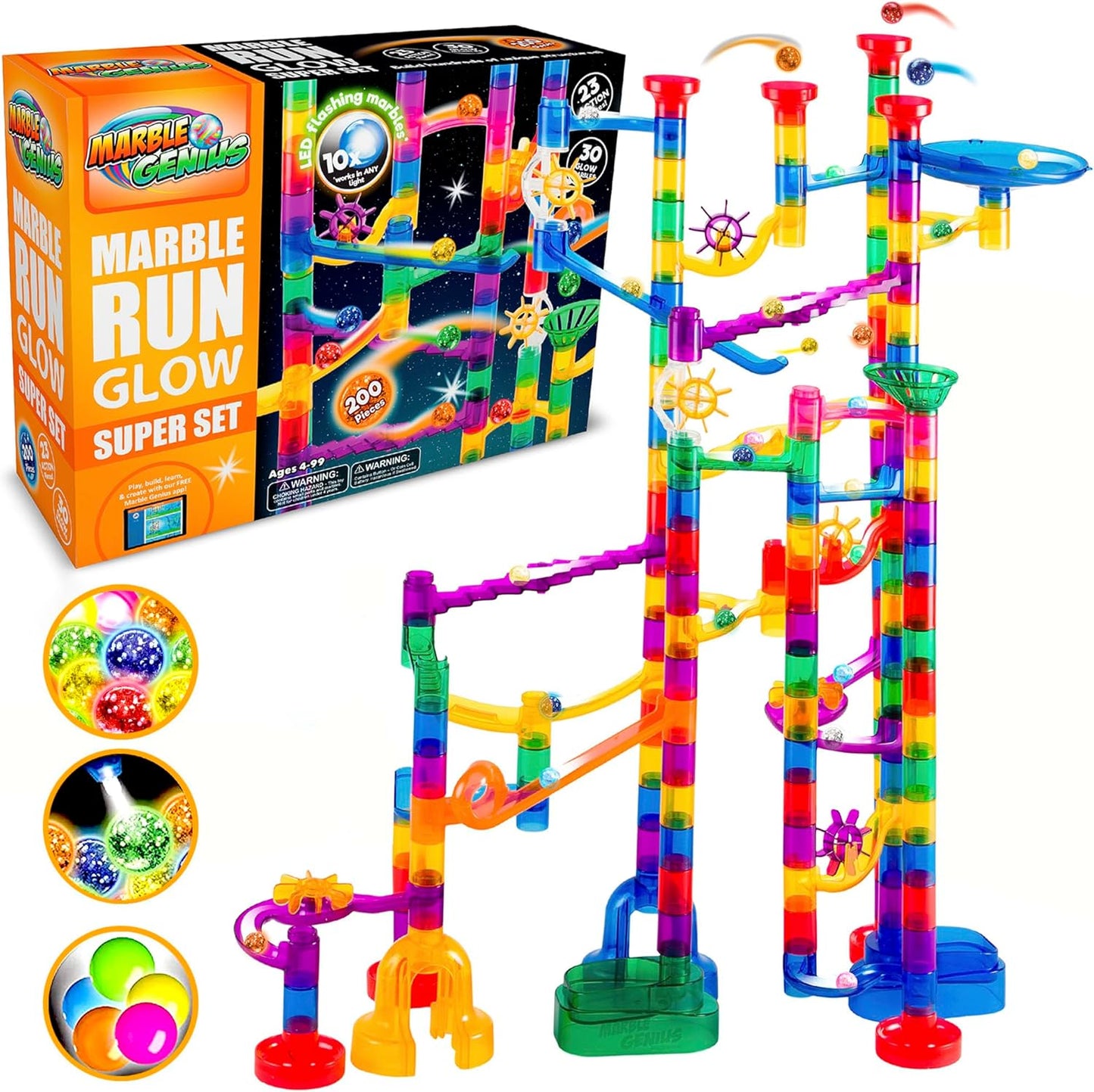 Marble Genius Marble Run Race Track - 300-Piece Multicolor Glow Extreme Set - STEM Building Toy & Marble Race Set for Kids Ages 4+