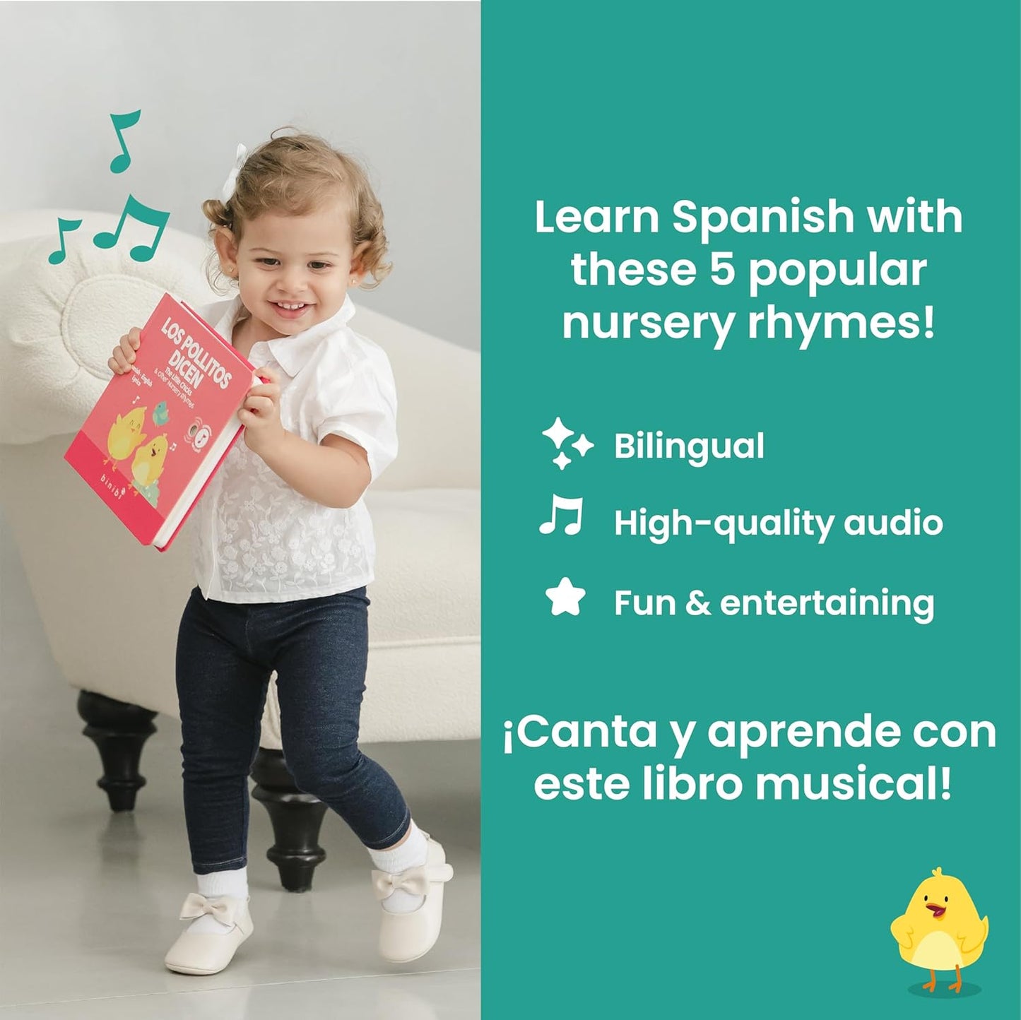 Binibi Spanish Musical Book for Babies & Toddlers 1-3 Los Pollitos Dicen & Other Nursery Rhymes | Spanish Learning for Kids | Bilingual Children's Book | Libro en español para bebés