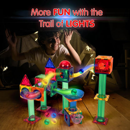 PicassoTiles 50PC Marble Run Race Track + 4PC LED Light-Up Glow in The Dark Translucent Balls: STEAM Educational Playset for Kids - Fun Learning Construction Toy, Creative Design, Sensory Development