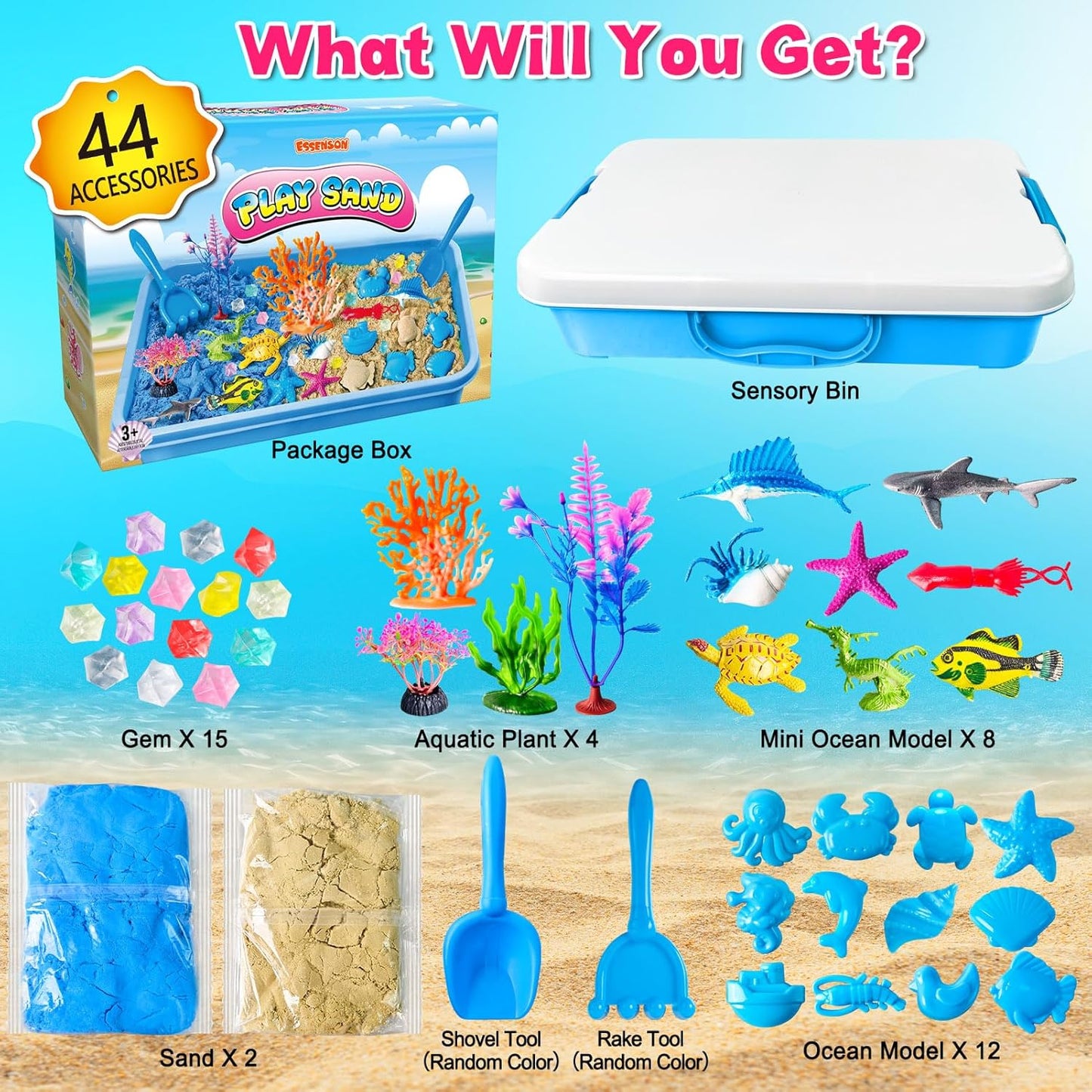 ESSENSON Sensory Bin, Construction Kit with Sensory Sand, Play Sand Pretend Play Beach Toy, Sandbox for Girls and Boys