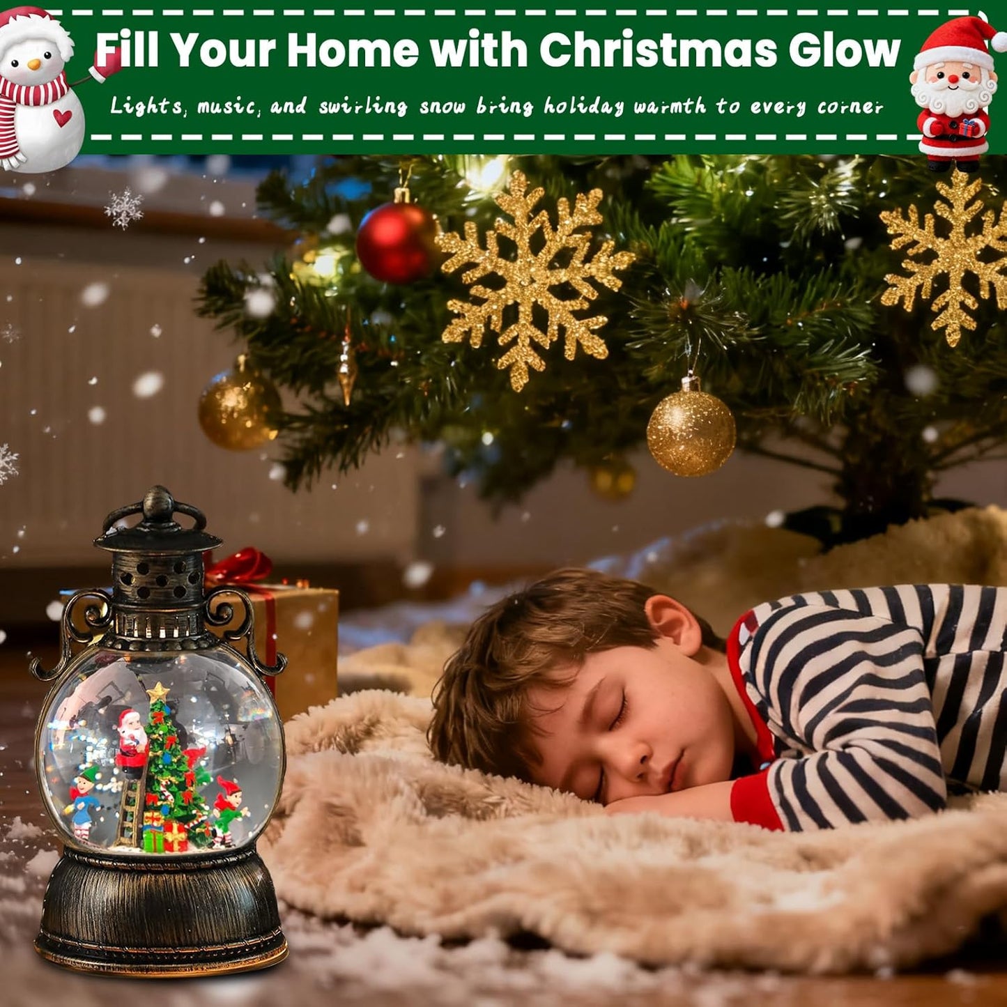 2026 Christmas Tree Train Lighted Musical Snow Globe Lantern Glittering Water Swirling Snowfall Singing Light up Decorative Holiday Decoration, 6H Timer, USB/Battery Operated, Home Décor Accent Gift