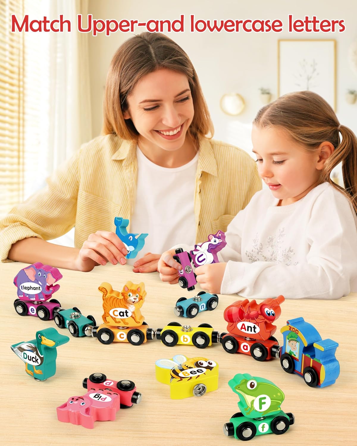 Helsort 27 PCS Magnetic Wooden Alphabet Train Set, ABC Learning Toy with 42 Flash Cards, 1 Engine and Storage Bag, Educational Letter Toy Trains for Toddlers, Boys Girls, Ideal Gift for 3-7 Year Olds