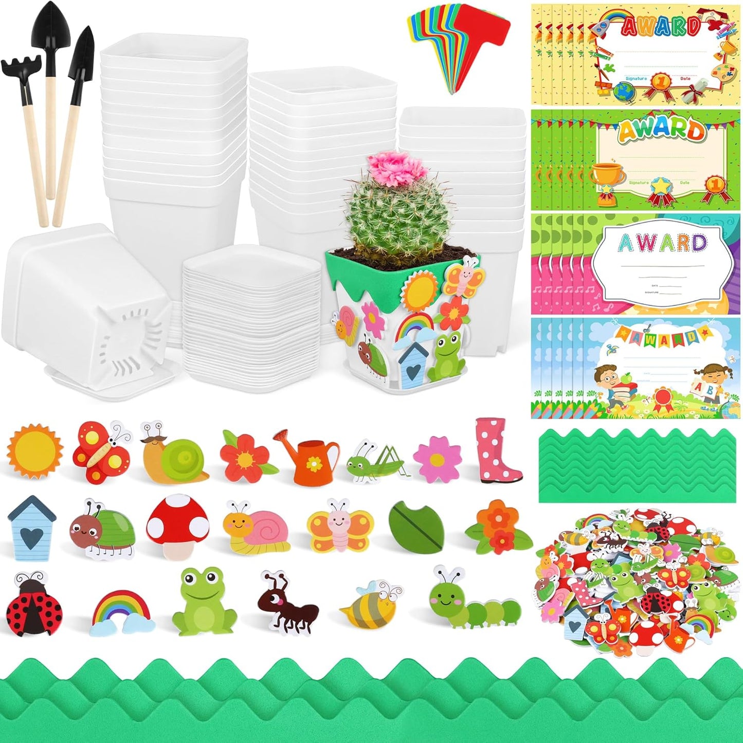 Elcoho 36 Set Garden Plastic Pot Craft Kit Plant Spring Craft Kits for Kids Flower Pots with 150 Foam Stickers 36 Labels 24 Certificate of Awards 3 Tools Planting Growing Kit for Kids, Mixed Colors
