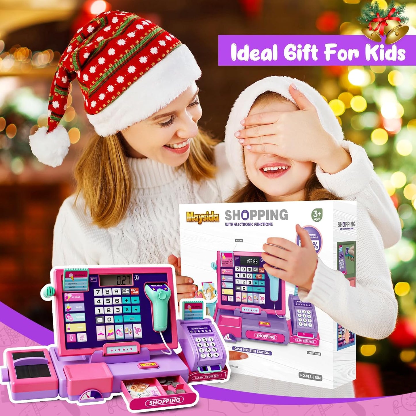 Kids Cash Register Toy Playset, Toddler Prentend Play Store with Real Calculator Cash Register with Scanner/Credit Card/Play Money/Food, Learning Toys for Boys Girls Toddlers(Pink)