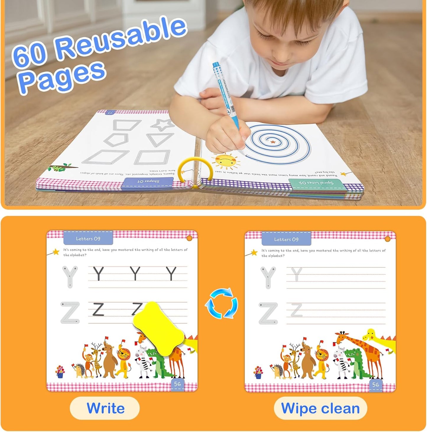 Preschool Learning Activities 60 Reusable Pages, Tracing Letter Number Handwriting Practice Book for Kids, Montessori Autism Educational Fine Motor Toddler Learning Toys for 3 4 5 Year Olds