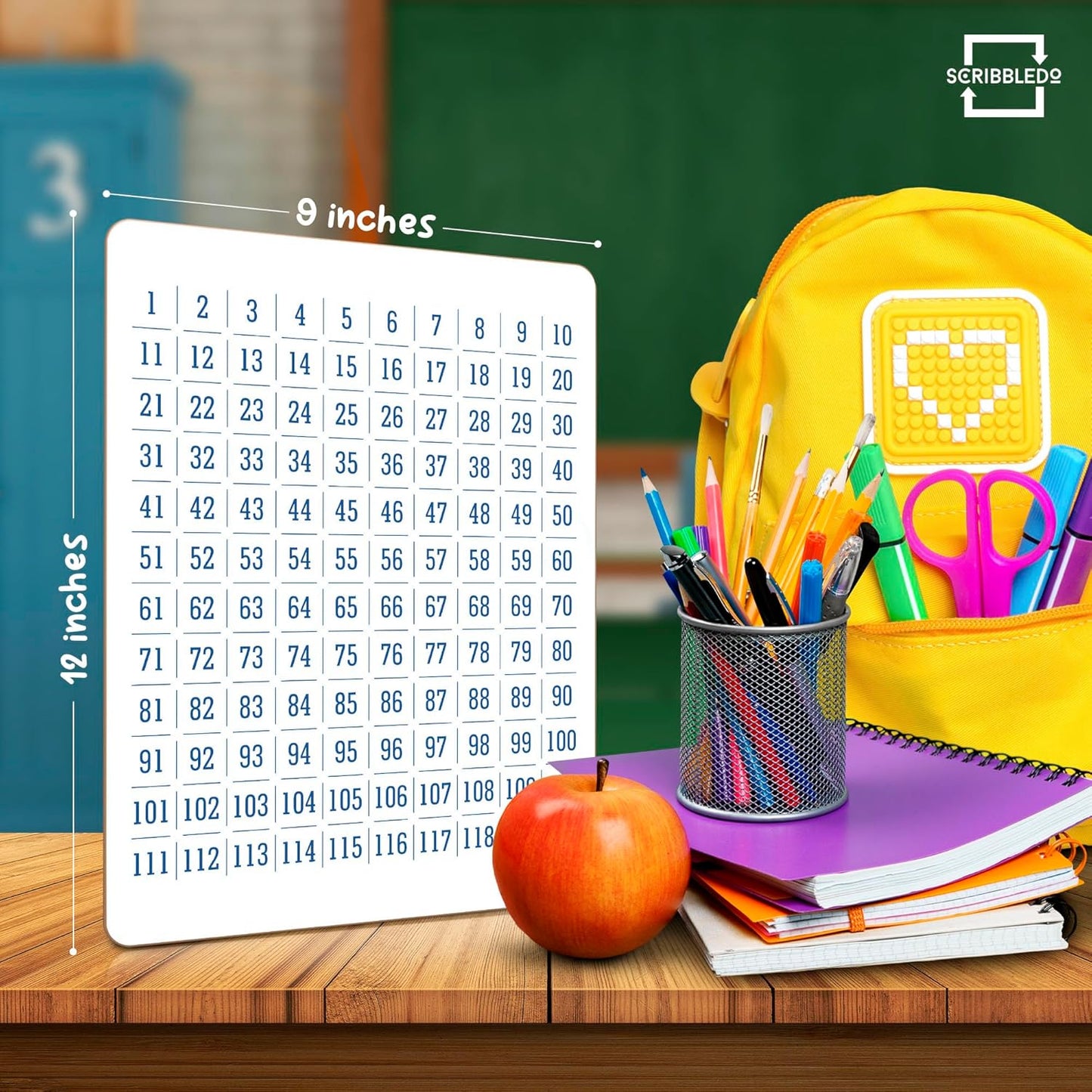SCRIBBLEDO Dry Erase Number Chart 9”x12” White Board Teacher Student 100 Chart for First Grade Classroom Kid Small Math Practice Whiteboard Kindergarten 1st Grade School Supplies
