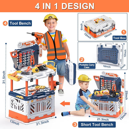 Kids Tool Bench -Toy Workbench with Electric Drill Toy Tool Accessories and Construction Vest 91pcs Toddler Tool Bench,Pretend Play Learning Toy Tool Bench for Kids Ages 3-5,4-8