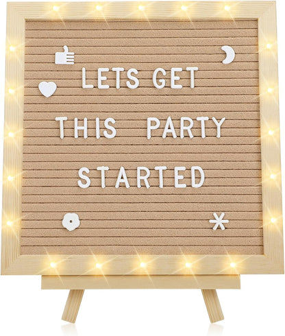 Changeable Felt Letter Board with LED Lights - 10×10" Message Custom Signs & Wood Stand & 450 Letters, Poster Board for Baby/Pregnancy Announcement/Classroom Wall Graduation Decor Gifts, Camel