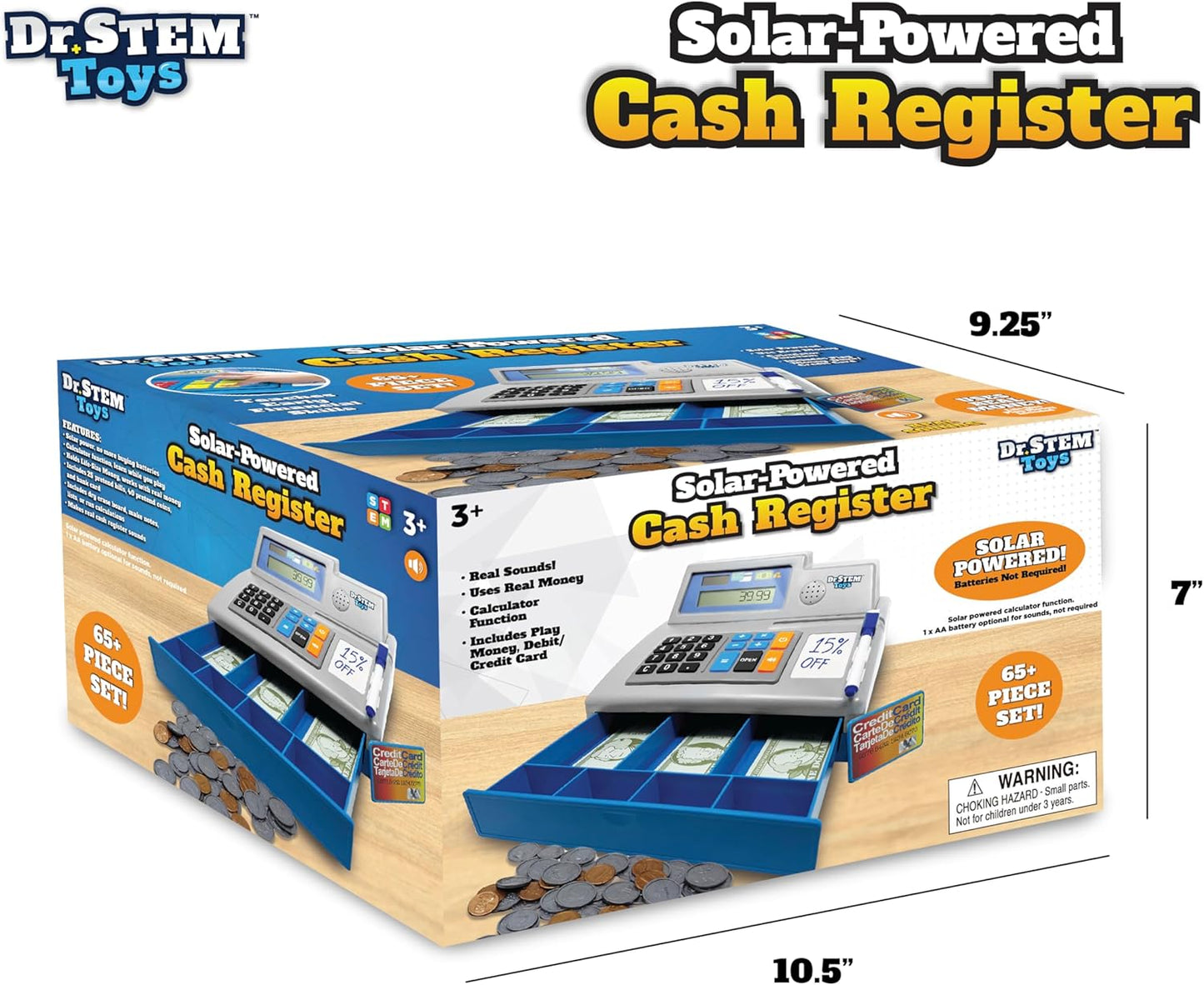 Dr. STEM Toys Solar Powered Calculator Pretend Cash Register with Play Money – 67-Piece Set for Learning Math Skills, STEM Cash Register for Kids (Gray)