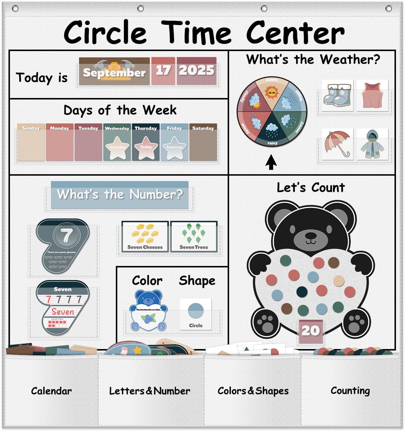Circle Time Learning Center Pocket Chart for Classroom, Dry Erase Alphabet & Number Flash Cards, Write ABC Letter Tracing Writing Practice Games for Kids, Learning Weather Counting Color Shape