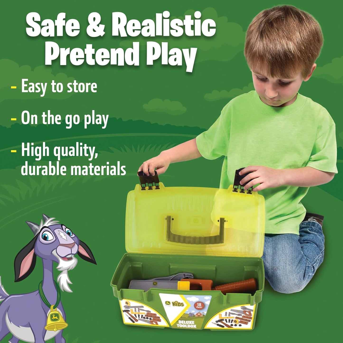 John Deere 18 Piece Deluxe Tool Box, Construction Playset with Tape Measure and Tools, Interactive Building Toys, Preschool Toys for Boys and Girls