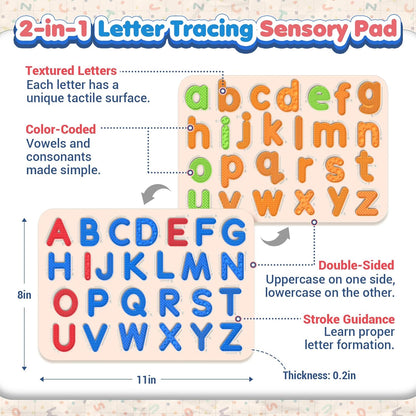 Sensory Silicone Letter Tracing Pad: Double-Sided Textured Sensory Toys for Learning Focus & Fine Motor, Quiet Travel Toy, Preschool Learning Activities, Educational Montessori Toys for Toddlers Kids
